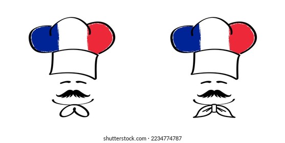 Cartoon Chefkoch mit Schnurrbart und Frankreich-Flagge. Kochmütze oder -kappe. Küche kocht oder Kochmütze. Vektormenü Logo oder Symbol. Italia Pizza, Kochgebäck. Bäckersymbol. Köchin