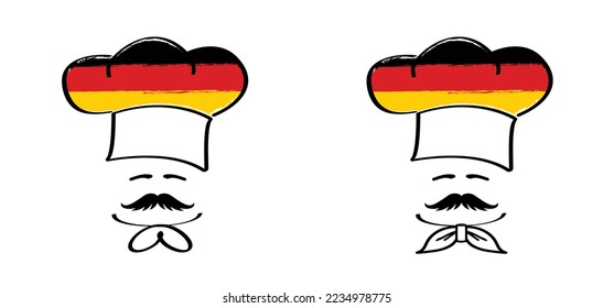 Cartoon chef cap with mustache and Germany flag. Chef hat  or cap. Kitchen cook or cooking hat. Vector menu logo or icon. Deutschland, cuisine bakery. Baker symbol. Chef cap