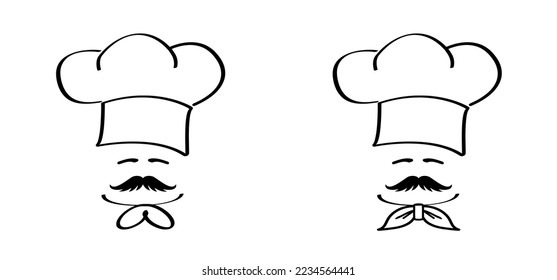 Cartoon chef cap with mustache symbol. Chef hat  or cap. Kitchen cook or cooking hat. Vector menu logo or icon. School, work cuisine bakery. Baker symbol. Chef cap. No, stop starvation
