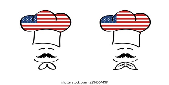 Cartoon chef cap with mustache and VS, America flag. Chef hat  or cap. Kitchen cook or cooking hat. Vector menu logo or icon. american, USA pizza, cuisine bakery. Baker symbol. Independence day