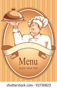 Cartoon chef carrying dinner plate with perfect meal. Menu background.