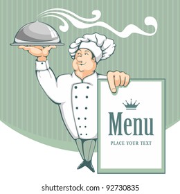 Cartoon chef carrying dinner plate with perfect meal. Menu background.