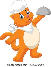 cartoon chef cat carrying food tray