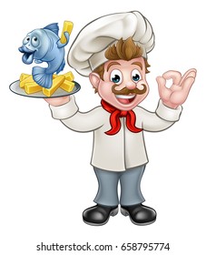 A cartoon chef character holding fish and chips meal and giving a perfect gesture