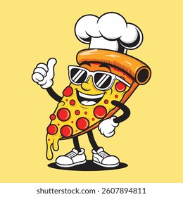 Cartoon chef character holding fork and knife in a funny pizza illustration