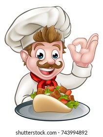 A cartoon chef character holding a kebab and doing a perfect gesture