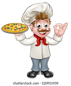 Cartoon chef character holding a pizza and giving a perfect ok delicious cook gesture