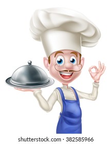 Cartoon chef character holding a platter or cloche and giving an okay or perfect food chef gesture