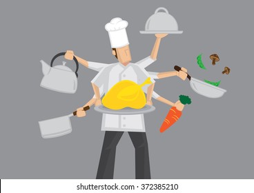 Cartoon chef character with multi-tasking with six arms holding different cooking utensils. Vector illustration isolated on grey background.