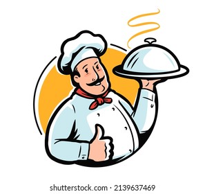 Cartoon chef character with tray emblem. Restaurant or cafe logo vector illustration