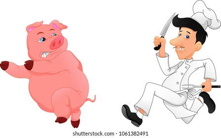 Cartoon chef chasing a pig