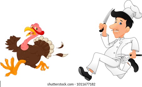 Cartoon chef chasing a turkey