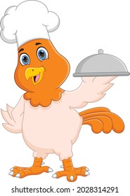 cartoon chef chicken carrying a food tray