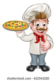 Cartoon chef cook character holding a pizza and giving a thumbs up