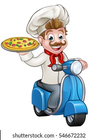 Chef de caricaturas o personaje cocinero montando una moto de reparto y sosteniendo una pizza