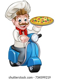 Cartoon chef or cook character riding a moped motorbike scooter delivering a pizza