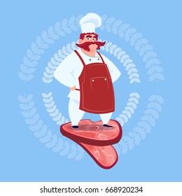 Cartoon Chef Cook Full Length Standing On Meat Wear Uniform Flat Vector Illustration