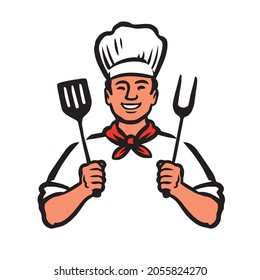 Cartoon Chef cook grilling steak, cooking fresh food. Barbecue vector illustration