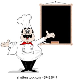 A cartoon chef cook standing next to a blank menu recipe chalkboard with copy space