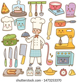 Cartoon chef with cooking equipment kawaii doodle