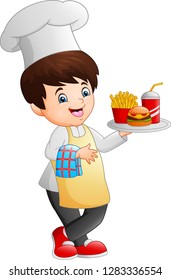 Cartoon chef cooking holding a fast food tray