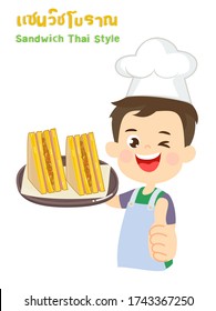Cartoon Chef Cooking Sandwich Thai Style in Thai Language it mean “Sandwich Thai Style”