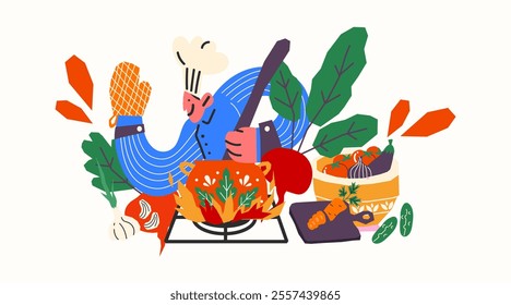 Cartoon chef cooking soup in a saucepan on fire. Doodle mascot with chef's hat and apron cooks lunch or dinner. Vector illustration of cooking food on stove