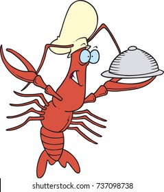 cartoon chef crawfish holding out a plate with warming cover