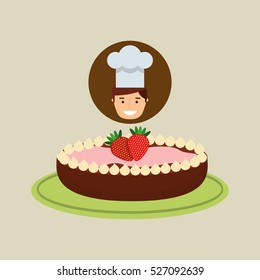 cartoon chef dessert cake chocolate with strawberry vector illustration eps 10