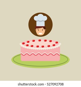 cartoon chef dessert delicious cake cream strawberry vector illustration eps 10