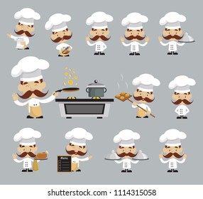 Cartoon Chef different poses and actions Flat Vector Illustration Design