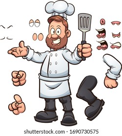 Cartoon chef with different poses and expressions. Vector clip art illustration with simple gradients. Some elements on separate layers.
