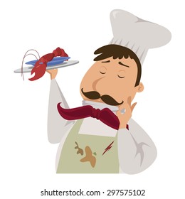 cartoon chef with dirty apron serving lobster