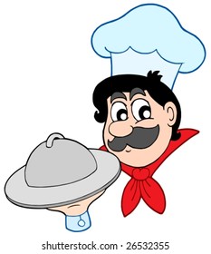 Chef de dibujos animados con plato - ilustración vectorial.