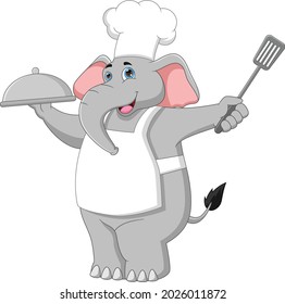 cartoon chef elephant carrying a food tray