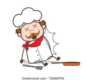 Cartoon Chef Fell-Down with Kitchen Utensils Vector