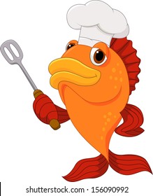 Cartoon Chef Fish Holding A Kitchen Spatula