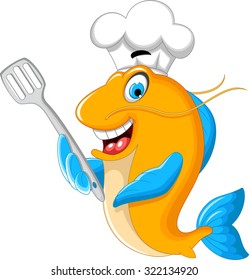 Cartoon chef fish holding a kitchen spatula for you design