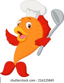 Cartoon chef fish holding soup ladle