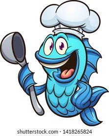 Cartoon Chef Fish With Soup Spoon Clip Art. Vector Illustration With Simple Gradients. All In A Single Layer. 
