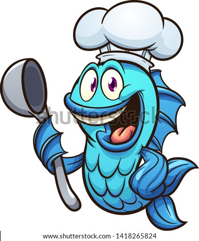 Cartoon chef fish with soup spoon clip art. Vector illustration with simple gradients. All in a single layer. 
