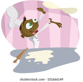 Cartoon chef flicking pizza dough high into the air. Illustrator .eps v10