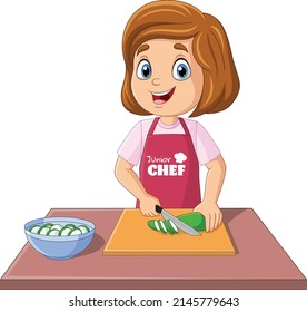 Cartoon chef girl cutting cucumber with board and knife