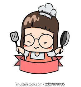 Cartoon chef girl hold Turner and Pan with a label