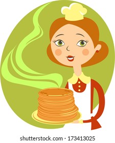 Cartoon chef girl with pancakes