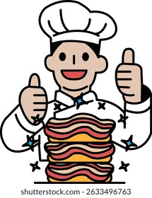 A cartoon chef is giving thumbs up to a large stack of hot dogs. Concept of approval and satisfaction, as the chef is expressing his approval of the delicious food