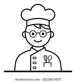 Cartoon chef with glasses and hat smiling behind counter in kitchen setting