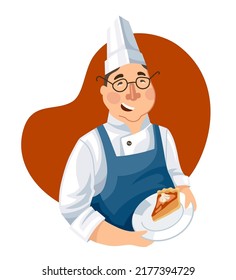 Cartoon chef with glasses serves a piece of pie. Vector illustration