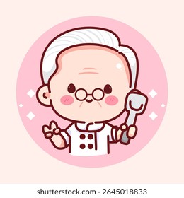 Cartoon chef grandpa giving a peace sign while holding a spoon. Great for food blogs, cooking themes, and fun culinary stickers.