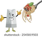 Cartoon chef hat character winking and pointing at a fork with delicious spaghetti, tomato sauce, and basil